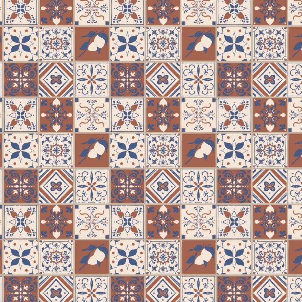 Spanish Revival Tile wallpaper in terracotta and blue